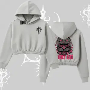 Lucky Cat Japon Tarzı Kedi Baskılı Kapşonlu Crop Sweatshirt