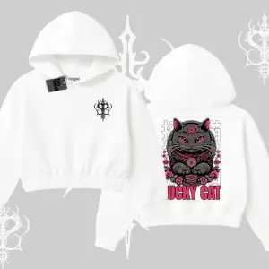 Lucky Cat Japon Tarzı Kedi Baskılı Kapşonlu Crop Sweatshirt