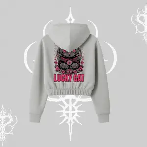 Lucky Cat Japon Tarzı Kedi Baskılı Kapşonlu Crop Sweatshirt