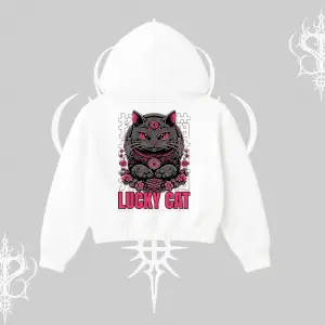 Lucky Cat Japon Tarzı Kedi Baskılı Kapşonlu Crop Sweatshirt