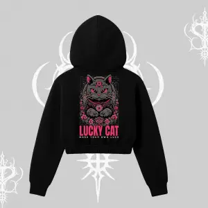 Lucky Cat Japon Tarzı Kedi Baskılı Kapşonlu Crop Sweatshirt