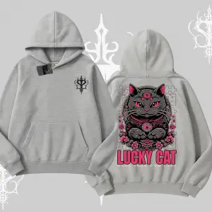 Lucky Cat Japon Tarzı Kedi Baskılı Kapşonlu Sweatshirt