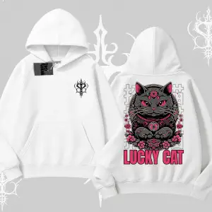 Lucky Cat Japon Tarzı Kedi Baskılı Kapşonlu Sweatshirt