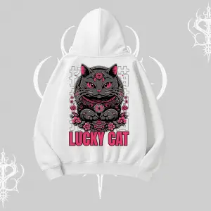 Lucky Cat Japon Tarzı Kedi Baskılı Kapşonlu Sweatshirt