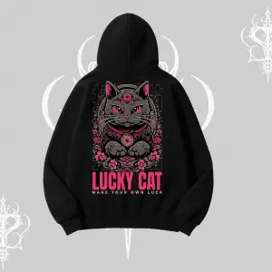 Lucky Cat Japon Tarzı Kedi Baskılı Kapşonlu Sweatshirt