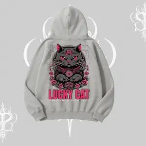 Lucky Cat Japon Tarzı Kedi Baskılı Kapşonlu Sweatshirt