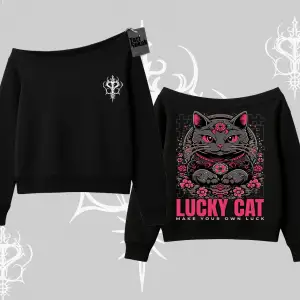 Lucky Cat Japon Tarzı Kedi Baskılı Kayık Yaka Sweatshirt