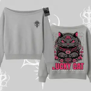Lucky Cat Japon Tarzı Kedi Baskılı Kayık Yaka Sweatshirt