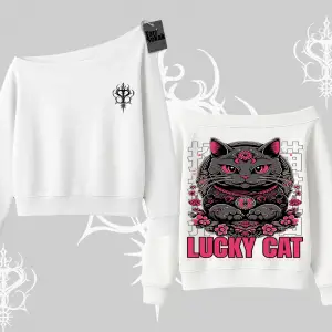 Lucky Cat Japon Tarzı Kedi Baskılı Kayık Yaka Sweatshirt