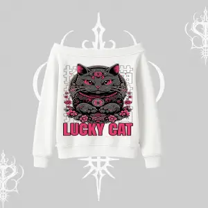 Lucky Cat Japon Tarzı Kedi Baskılı Kayık Yaka Sweatshirt