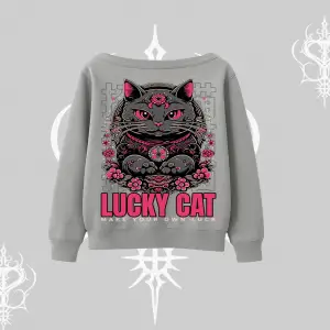 Lucky Cat Japon Tarzı Kedi Baskılı Kayık Yaka Sweatshirt