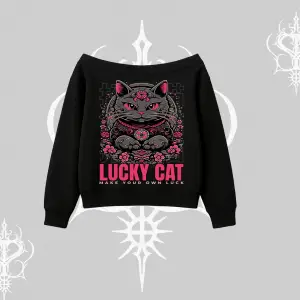 Lucky Cat Japon Tarzı Kedi Baskılı Kayık Yaka Sweatshirt
