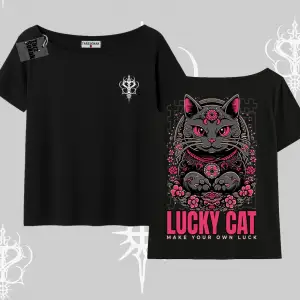 Lucky Cat Japon Tarzı Kedi Baskılı Kayık Yaka Tshirt