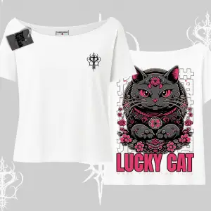 Lucky Cat Japon Tarzı Kedi Baskılı Kayık Yaka Tshirt