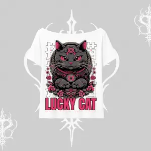 Lucky Cat Japon Tarzı Kedi Baskılı Kayık Yaka Tshirt