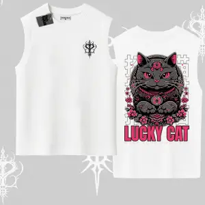 Lucky Cat Japon Tarzı Kedi Baskılı Kolsuz Tshirt