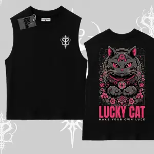 Lucky Cat Japon Tarzı Kedi Baskılı Kolsuz Tshirt