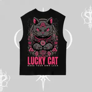 Lucky Cat Japon Tarzı Kedi Baskılı Kolsuz Tshirt
