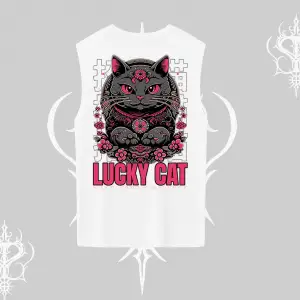 Lucky Cat Japon Tarzı Kedi Baskılı Kolsuz Tshirt