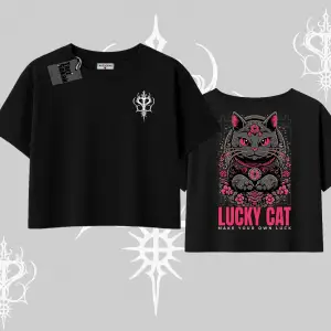 Lucky Cat Japon Tarzı Kedi Baskılı Oversize Crop Tshirt