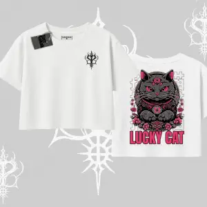 Lucky Cat Japon Tarzı Kedi Baskılı Oversize Crop Tshirt