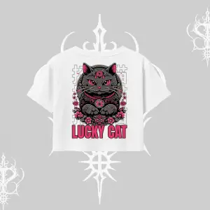 Lucky Cat Japon Tarzı Kedi Baskılı Oversize Crop Tshirt