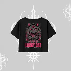 Lucky Cat Japon Tarzı Kedi Baskılı Oversize Crop Tshirt