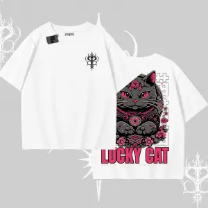 Lucky Cat Japon Tarzı Kedi Baskılı Oversize Tshirt