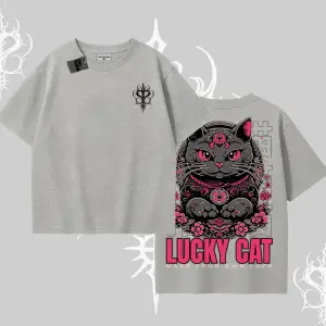 Lucky Cat Japon Tarzı Kedi Baskılı Oversize Tshirt