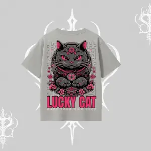 Lucky Cat Japon Tarzı Kedi Baskılı Oversize Tshirt