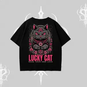 Lucky Cat Japon Tarzı Kedi Baskılı Oversize Tshirt