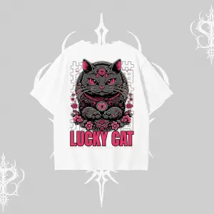 Lucky Cat Japon Tarzı Kedi Baskılı Oversize Tshirt