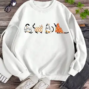 LUNE Cartoon Cat Print Lined Sweatshirt Beyaz