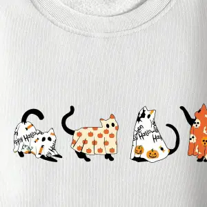 LUNE Cartoon Cat Print Lined Sweatshirt Beyaz