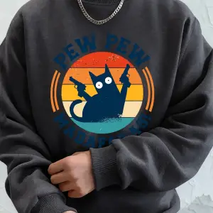Madafakas Çift Silahlı Kedi Baskılı Erkek Kapüşonlu Üstü Sonbahar Polar Sıcak Sweatshirt Günl