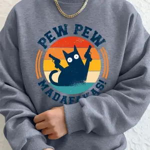 Madafakas Çift Silahlı Kedi Baskılı Erkek Kapüşonlu Üstü Sonbahar Polar Sıcak Sweatshirt Günl