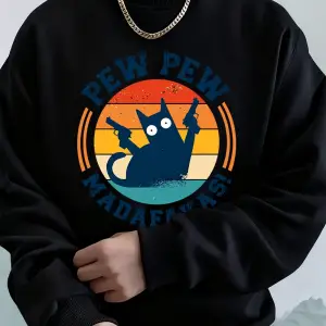 Madafakas Çift Silahlı Kedi Baskılı Erkek Kapüşonlu Üstü Sonbahar Polar Sıcak Sweatshirt Günl