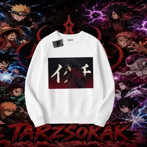 Madara Uchiha Naruto Anime Karakteri Oversize Unisex Bisiklet Yaka Sweatshirt Beyaz