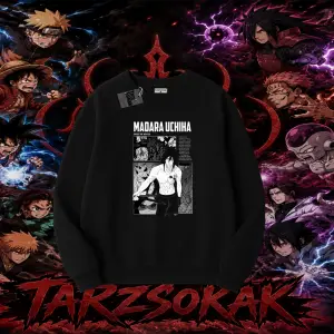 Madara Uchiha Naruto Anime Karakteri Oversize Unisex Bisiklet Yaka Sweatshirt Beyaz