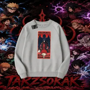 Madara Uchiha Naruto Anime Karakteri Oversize Unisex Bisiklet Yaka Sweatshirt Beyaz