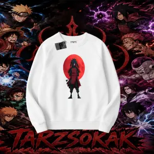 Madara Uchiha Naruto Anime Karakteri Oversize Unisex Bisiklet Yaka Sweatshirt Beyaz