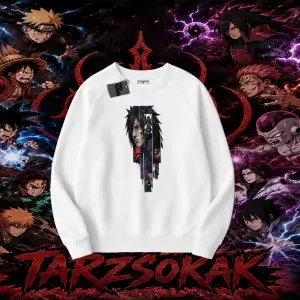 Madara Uchiha Naruto Anime Karakteri Oversize Unisex Bisiklet Yaka Sweatshirt Beyaz