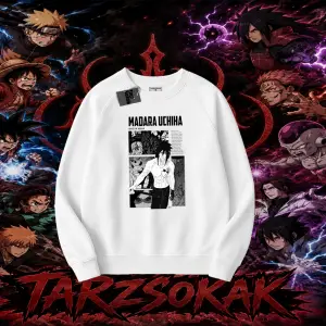 Madara Uchiha Naruto Anime Karakteri Oversize Unisex Bisiklet Yaka Sweatshirt Beyaz