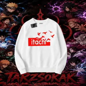 Madara Uchiha Naruto Anime Karakteri Oversize Unisex Bisiklet Yaka Sweatshirt Beyaz