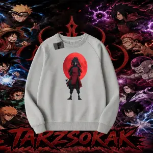 Madara Uchiha Naruto Anime Karakteri Oversize Unisex Bisiklet Yaka Sweatshirt Beyaz
