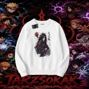 Madara Uchiha Naruto Anime Karakteri Oversize Unisex Bisiklet Yaka Sweatshirt Beyaz
