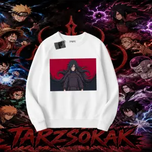Madara Uchiha Naruto Anime Karakteri Oversize Unisex Bisiklet Yaka Sweatshirt Beyaz