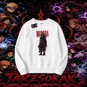 Madara Uchiha Naruto Anime Karakteri Oversize Unisex Bisiklet Yaka Sweatshirt Beyaz