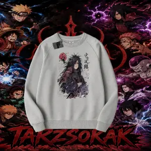 Madara Uchiha Naruto Anime Karakteri Oversize Unisex Bisiklet Yaka Sweatshirt Beyaz