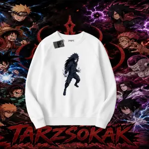 Madara Uchiha Naruto Anime Karakteri Oversize Unisex Bisiklet Yaka Sweatshirt Beyaz